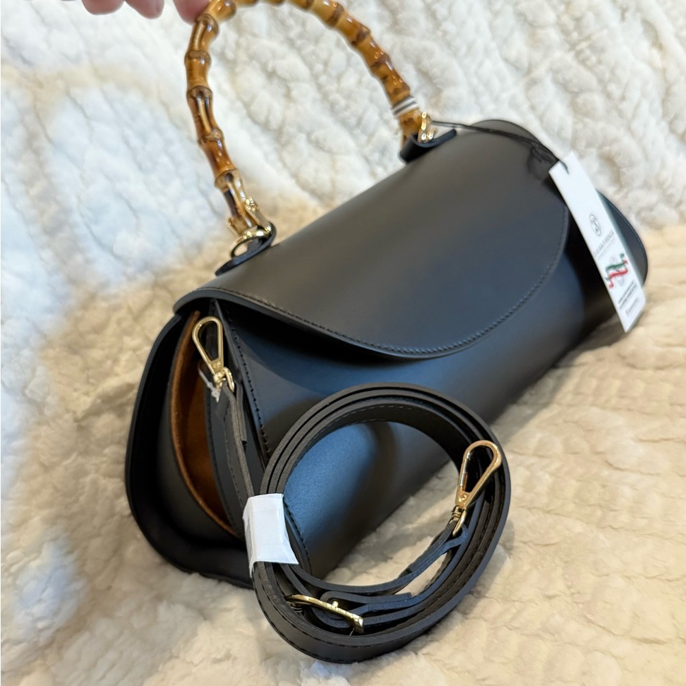 Fancy  Black Shoulder Bag with Bamboo Accents Italian made NWT